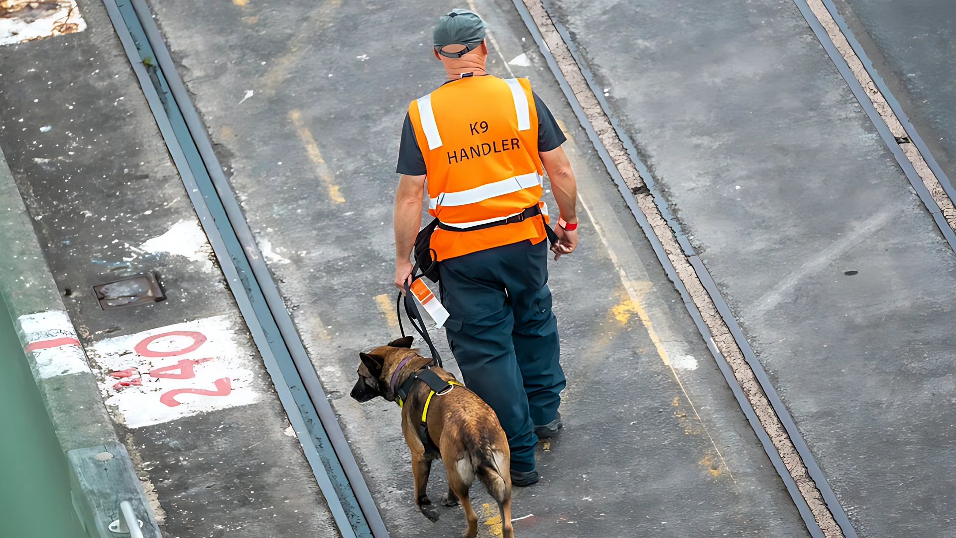 K9 security guard, in Guard Mark uniform, uses watchdog to prevent criminal activity as instructed.