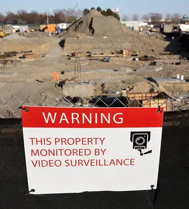 Warning sign at construction site showing the property is being monitored by CCTV cameras.