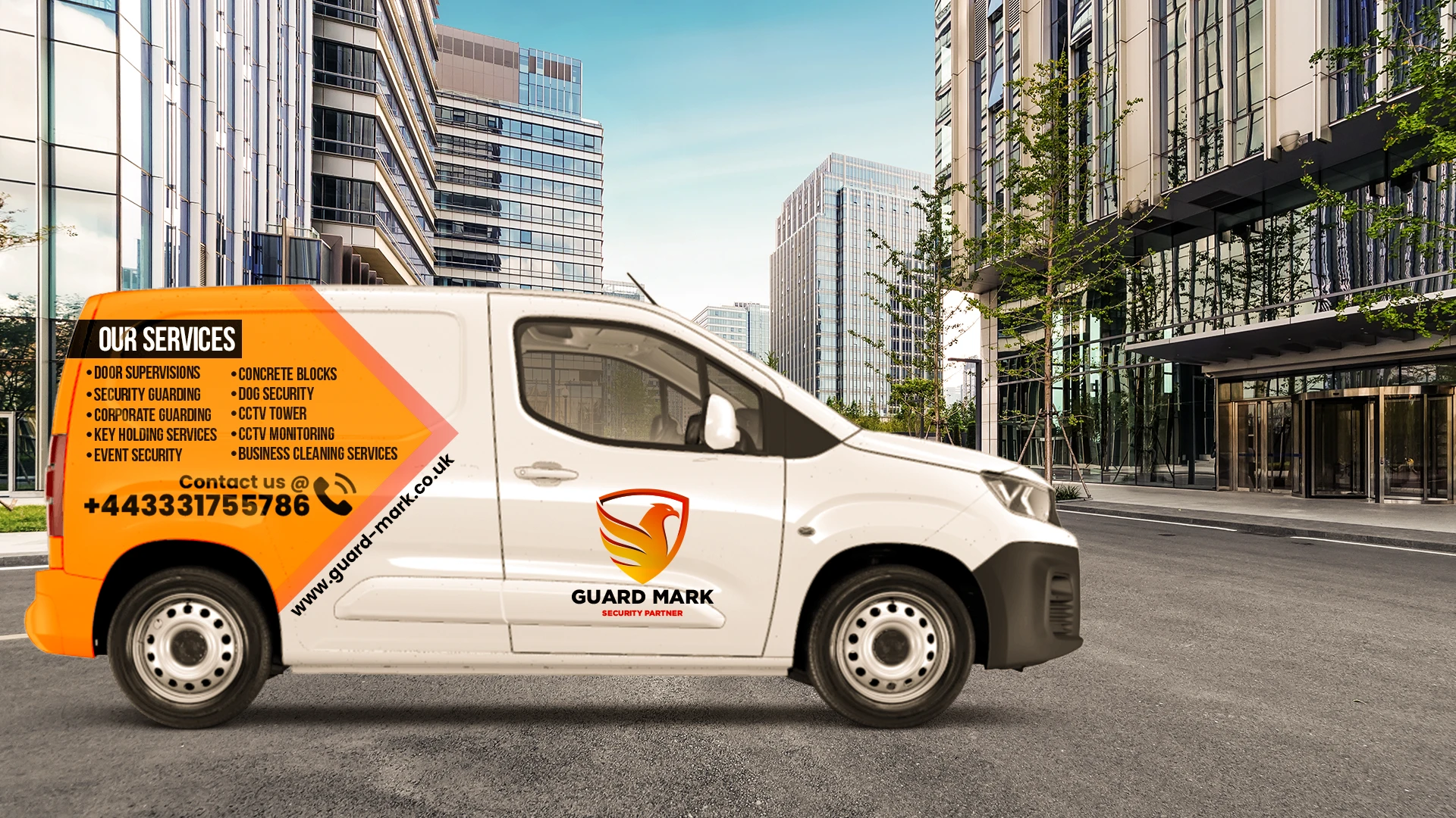 All the services offered by Guard Mark Security on their van including mobile patrol security services