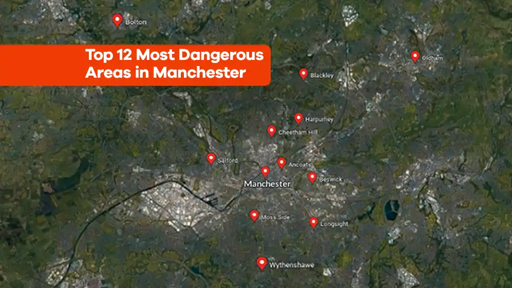 Featured image Top 12 Most Dangerous Areas in Manchester: Moss Side Manchester,Salford,Cheetham Hill,Oldham,Longsight,Harpurhey,Ancoats,Wythenshawe,Beswick,Blackley,Bolton,Rochdale,